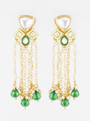 gold plated kundan and pearl green drop traditional long dangler earrings for women 1