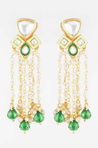 gold plated kundan and pearl green drop traditional long dangler earrings for women