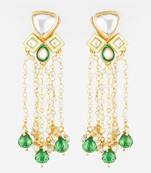 gold plated kundan and pearl green drop traditional long dangler earrings for women