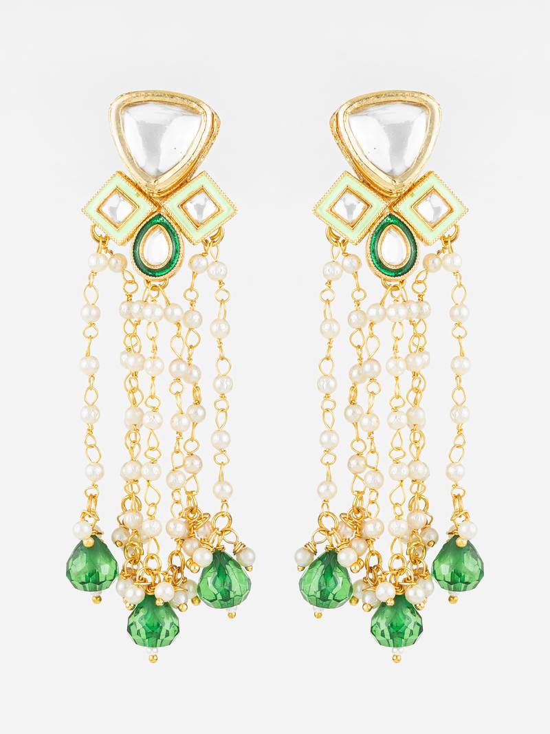 gold plated kundan and pearl green drop traditional long dangler earrings for women
