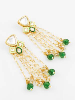 gold plated kundan and pearl green drop traditional long dangler earrings for women 2