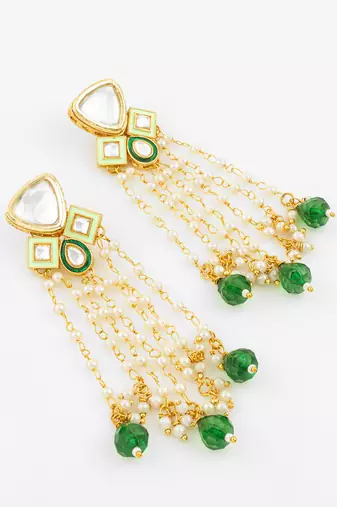 gold plated kundan and pearl green drop traditional long dangler earrings for women