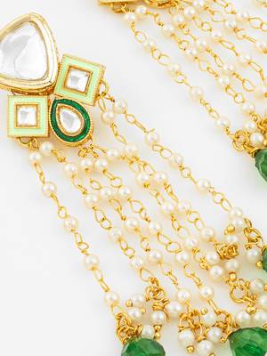 gold plated kundan and pearl green drop traditional long dangler earrings for women 4