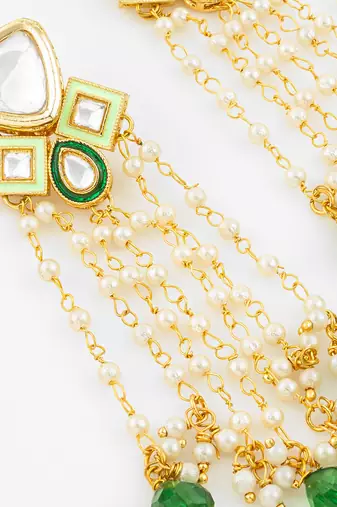 gold plated kundan and pearl green drop traditional long dangler earrings for women