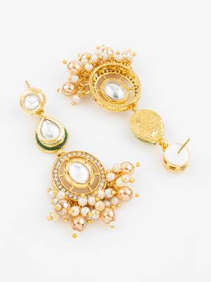 gold plated kundan pearl beaded traditional earrings for women & girls 3
