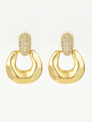 gold plated glossy dome hoop earrings with american diamond studded top 1