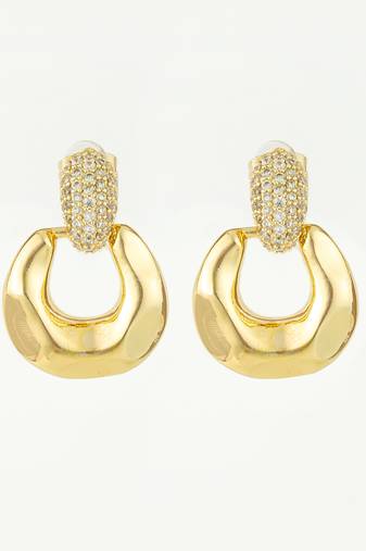 gold plated glossy dome hoop earrings with american diamond studded top