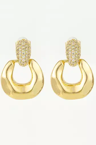 gold plated glossy dome hoop earrings with american diamond studded top