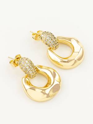 gold plated glossy dome hoop earrings with american diamond studded top 2