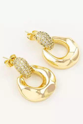 gold plated glossy dome hoop earrings with american diamond studded top