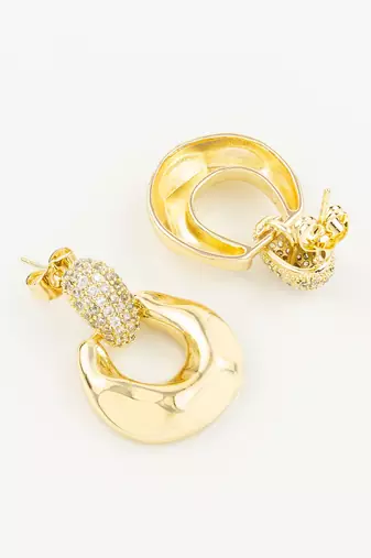 gold plated glossy dome hoop earrings with american diamond studded top