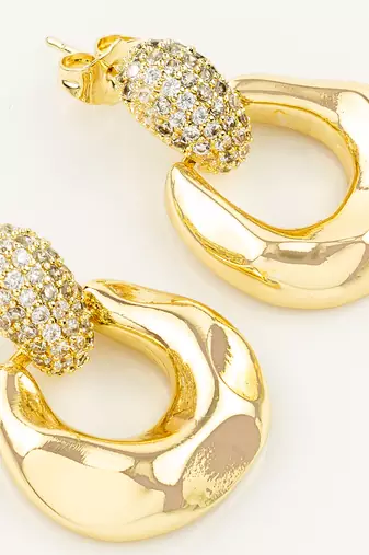 gold plated glossy dome hoop earrings with american diamond studded top