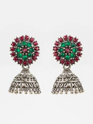 silver plated green & maroon traditional jhumka earrings for women 2