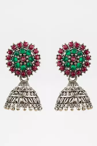 silver plated green & maroon traditional jhumka earrings for women