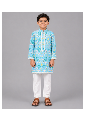 Aqua blue printed cotton silk Boy's Kurta Pyjama 1