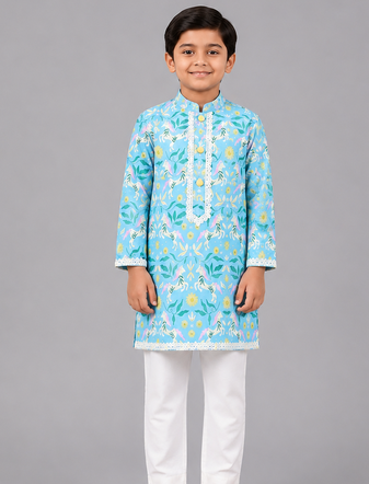 Aqua blue printed cotton silk kurta set