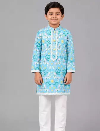 Aqua blue printed cotton silk kurta set