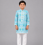Aqua blue printed cotton silk Boy's Kurta Pyjama