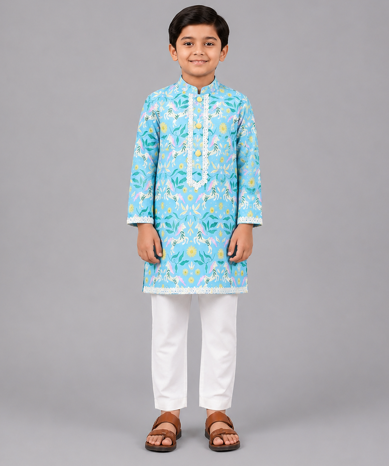 Aqua blue printed cotton silk kurta set