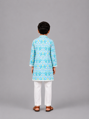 Aqua blue printed cotton silk Boy's Kurta Pyjama 3