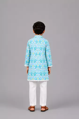 Aqua blue printed cotton silk Boy's Kurta Pyjama