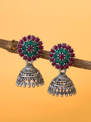 silver plated green & maroon traditional jhumka earrings for women 3