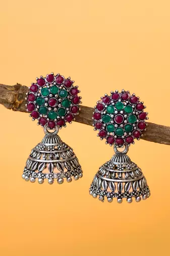 silver plated green & maroon traditional jhumka earrings for women
