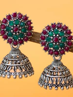 silver plated green & maroon traditional jhumka earrings for women 1