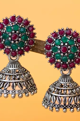 silver plated green & maroon traditional jhumka earrings for women