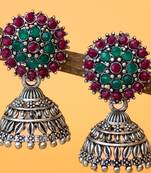 silver plated green & maroon traditional jhumka earrings for women