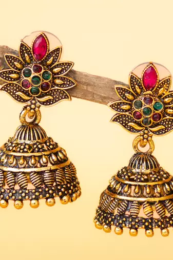 gold plated multicolor floral jhumka earrings for women & girls
