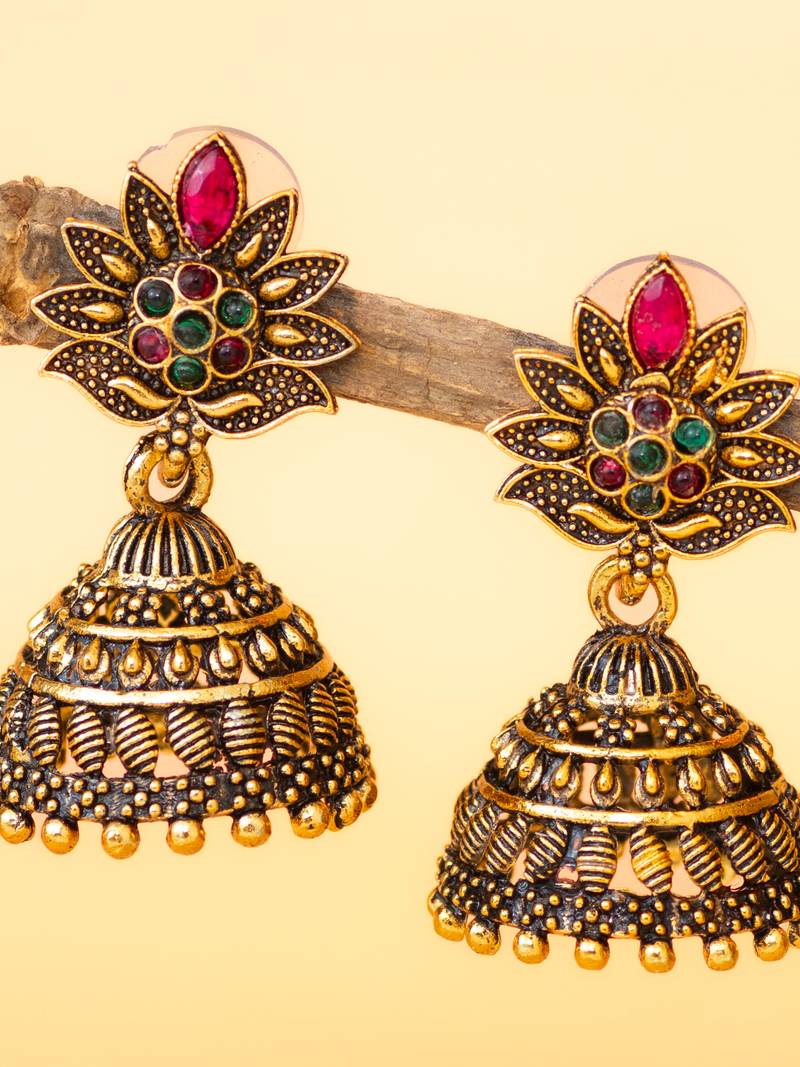 gold plated multicolor floral jhumka earrings for women & girls