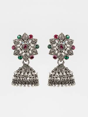 oxidised silver plated floral stud jhumka earrings with multicolor stones 2