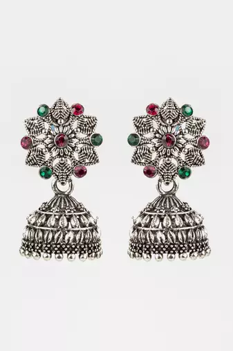 oxidised silver plated floral stud jhumka earrings with multicolor stones