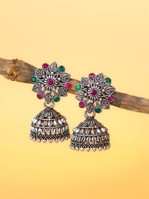 oxidised silver plated floral stud jhumka earrings with multicolor stones 3