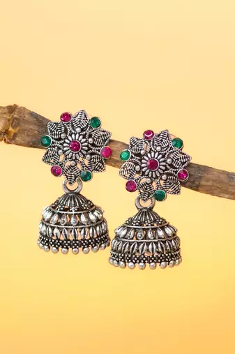 oxidised silver plated floral stud jhumka earrings with multicolor stones