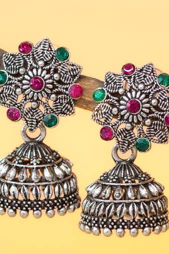 oxidised silver plated floral stud jhumka earrings with multicolor stones