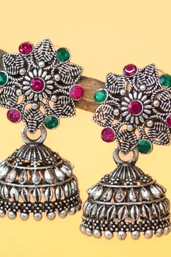 oxidised silver plated floral stud jhumka earrings with multicolor stones