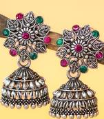 oxidised silver plated floral stud jhumka earrings with multicolor stones