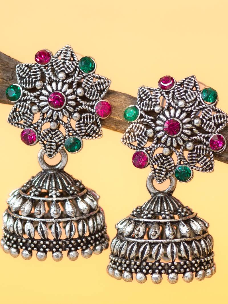 oxidised silver plated floral stud jhumka earrings with multicolor stones