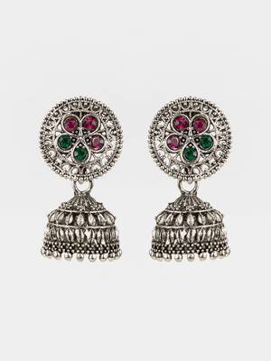 oxidized silver jhumka earrings with circular floral top and multicolour stone 2