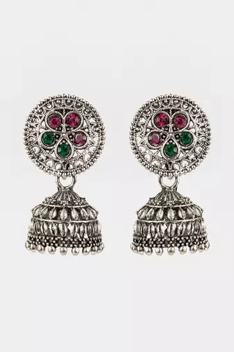 oxidized silver jhumka earrings with circular floral top and multicolour stone