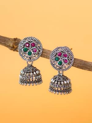 oxidized silver jhumka earrings with circular floral top and multicolour stone 3