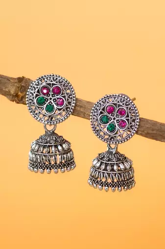 oxidized silver jhumka earrings with circular floral top and multicolour stone