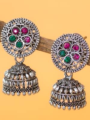 oxidized silver jhumka earrings with circular floral top and multicolour stone 1