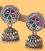 oxidized silver jhumka earrings with circular floral top and multicolour stone