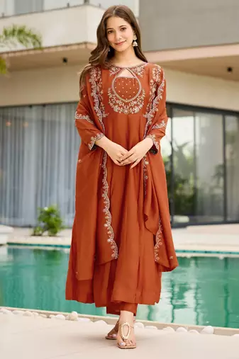 Rust brown embroidered cp vichitra anarkali suit set with dupatta for women