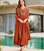 Rust brown embroidered cp vichitra anarkali suit set with dupatta for women