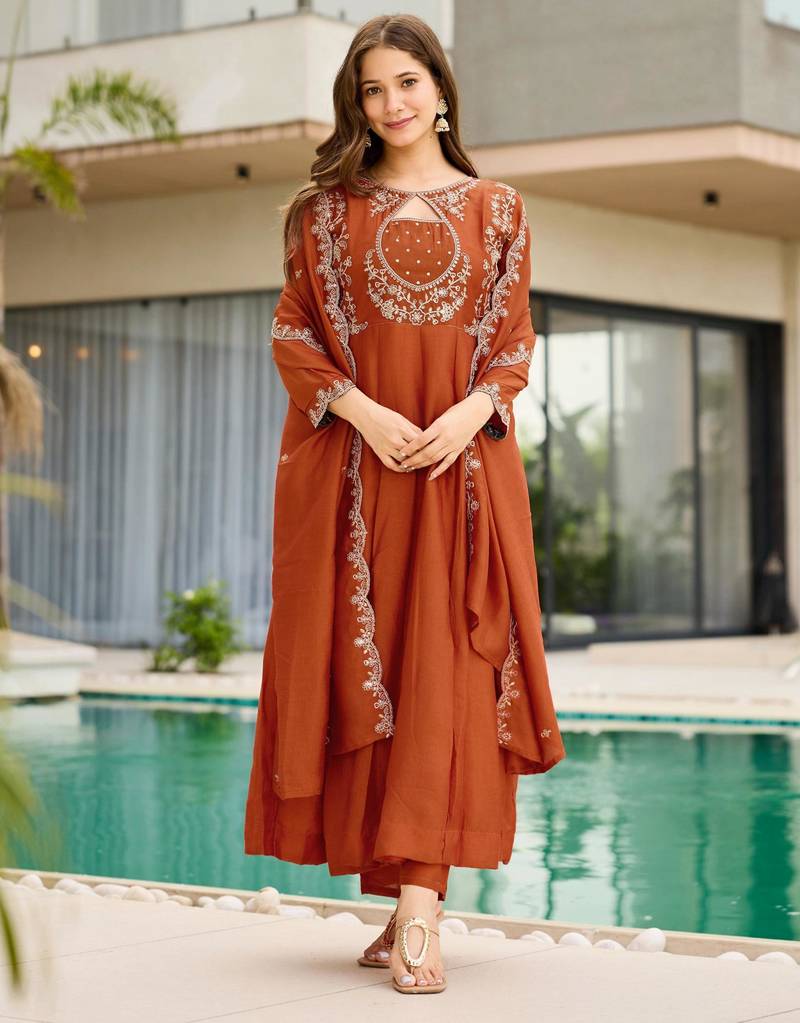 Rust brown embroidered cp vichitra anarkali suit set with dupatta for women