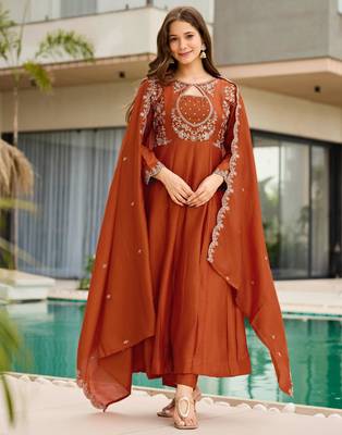 Rust brown embroidered cp vichitra anarkali suit set with dupatta for women 2